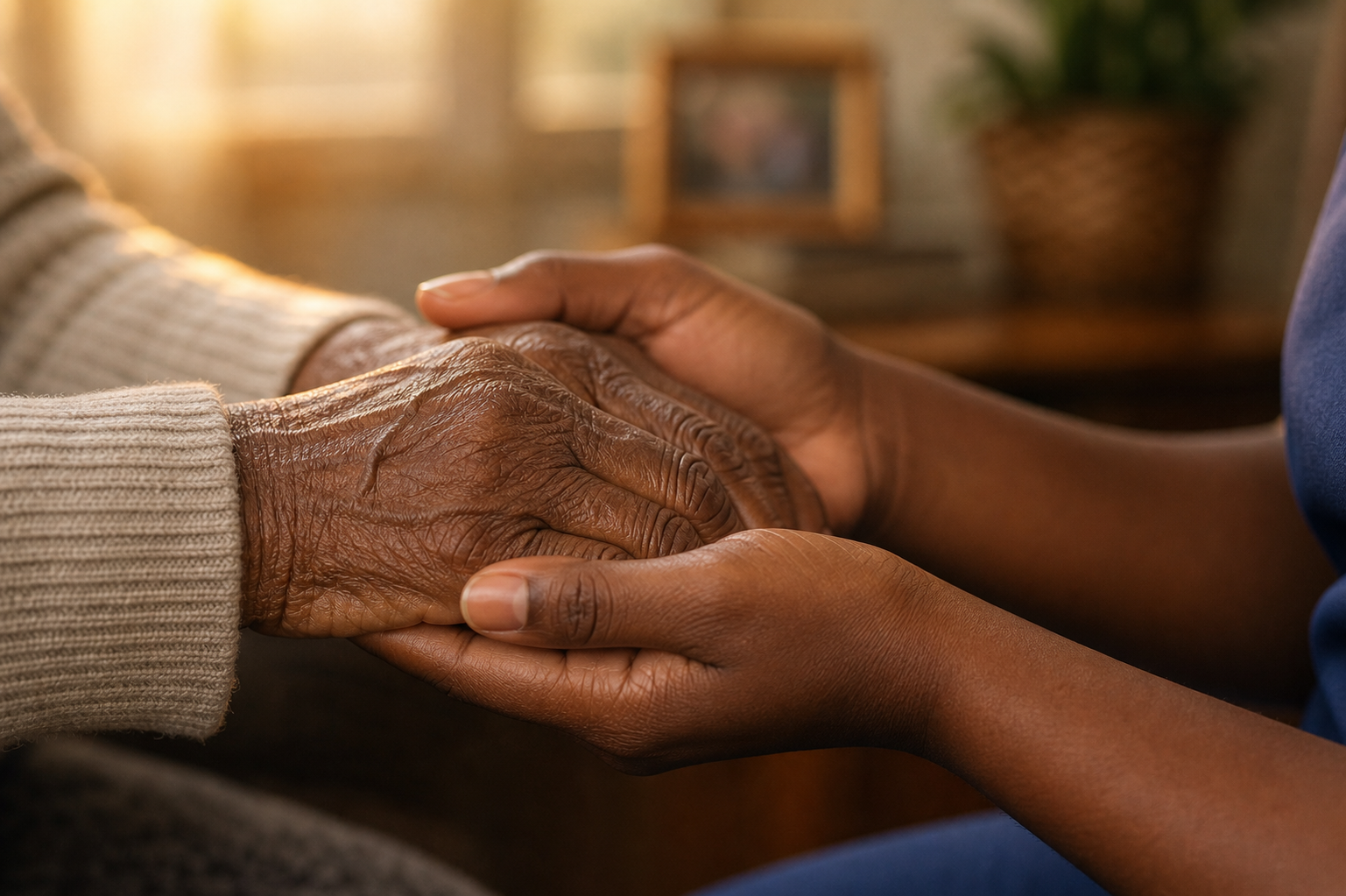 Infirmière tenant la main d'une patiente âgée